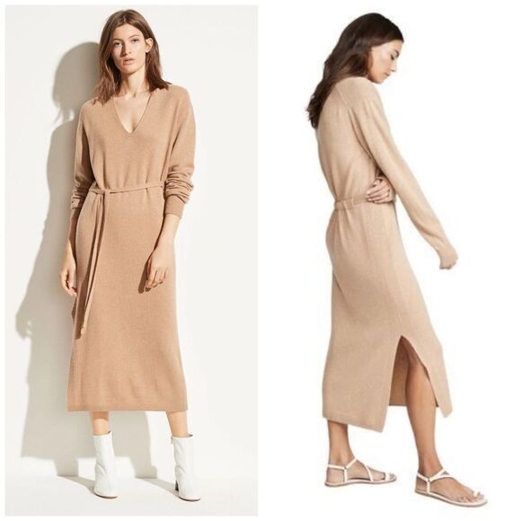 Vince Wool Cashmere Camel Tan Long Sleeve Tie Sweater Dress | SZ S - Picture 1 of 14